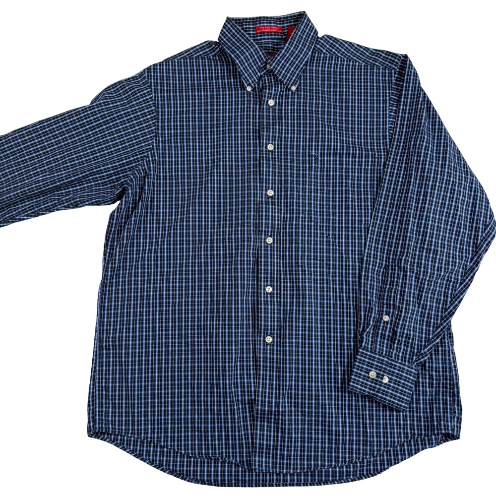 Izod Luxury Sport Button Down Shirt Men Large Blue Grid Check 80s 2-Ply Pinpoint